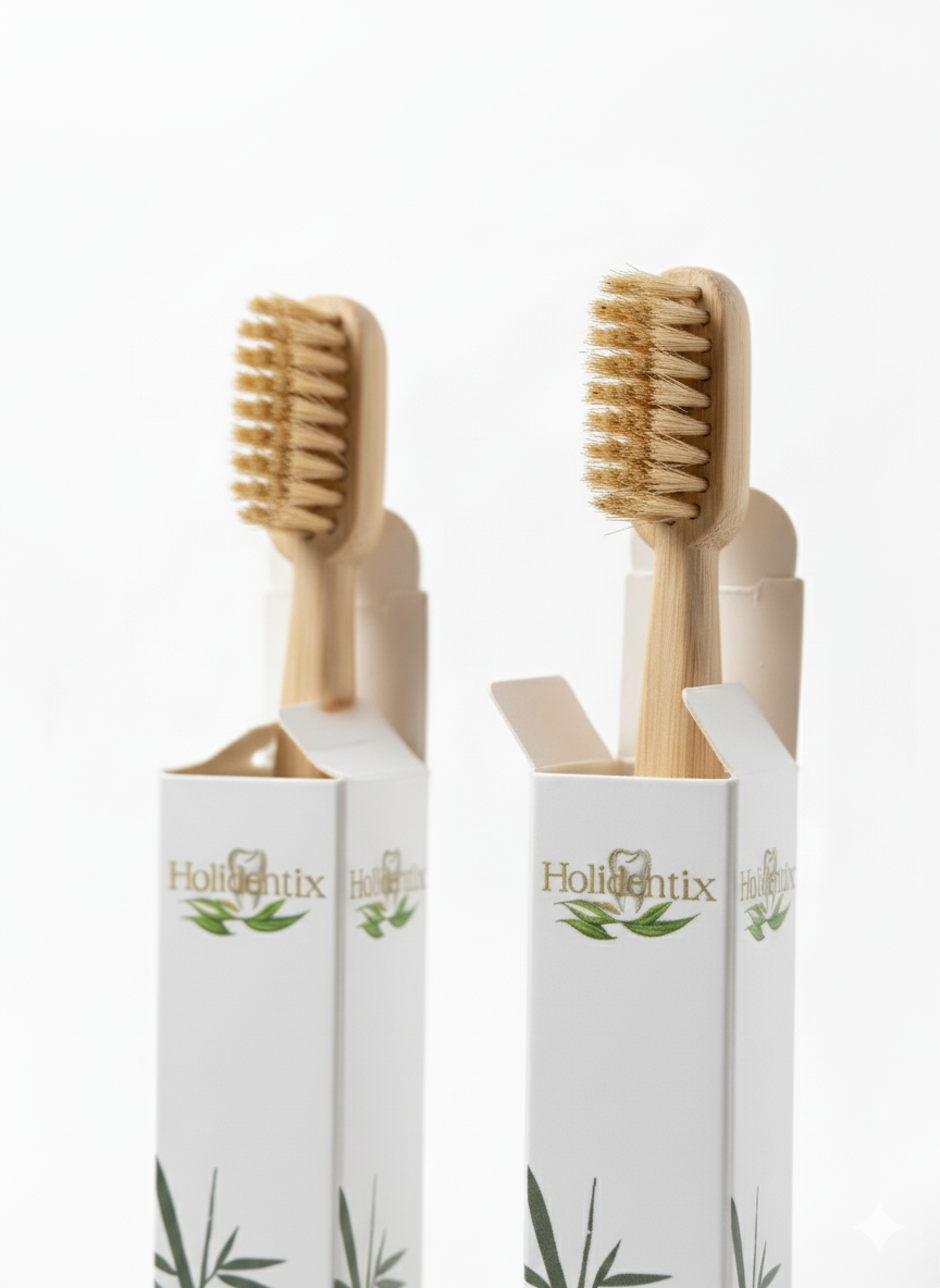 Holidentix Manual Toothbrush, Bamboo Handle, Boar Bristles, Biodegradable, Plastic-FreeBamboo Self Standing Toothbrushes.