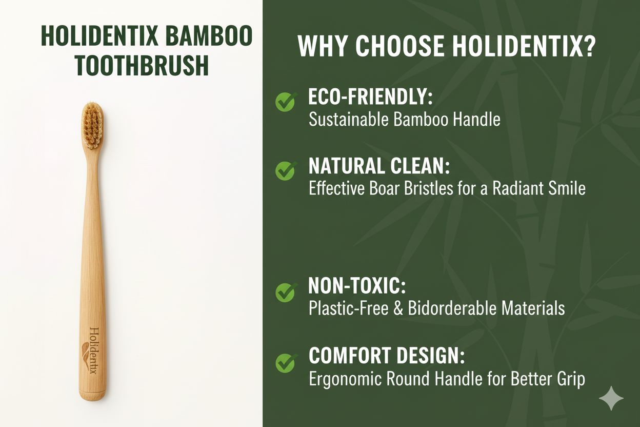 Holidentix Manual Toothbrush, Bamboo Handle, Boar Bristles, Biodegradable, Plastic-FreeBamboo Self Standing Toothbrushes.