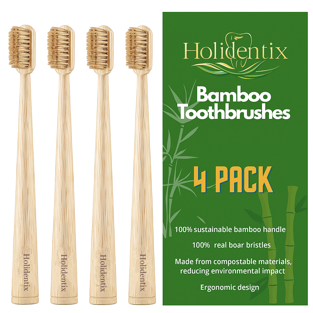 Holidentix Manual Toothbrush, Bamboo Handle, Boar Bristles, Biodegradable, Plastic-FreeBamboo Self Standing Toothbrushes.