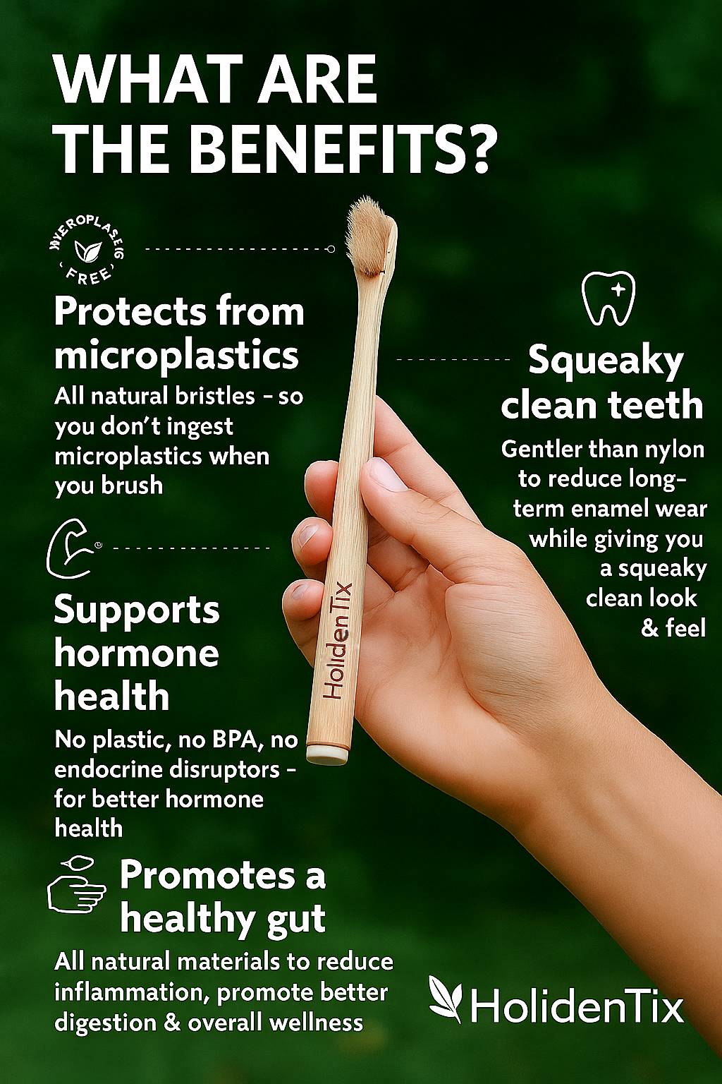 Holidentix Manual Toothbrush, Bamboo Handle, Boar Bristles, Biodegradable, Plastic-FreeBamboo Self Standing Toothbrushes.