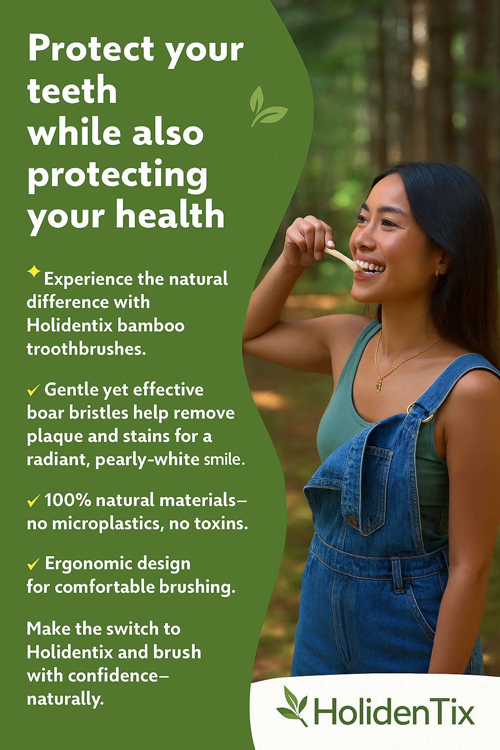 Holidentix Manual Toothbrush, Bamboo Handle, Boar Bristles, Biodegradable, Plastic-FreeBamboo Self Standing Toothbrushes.