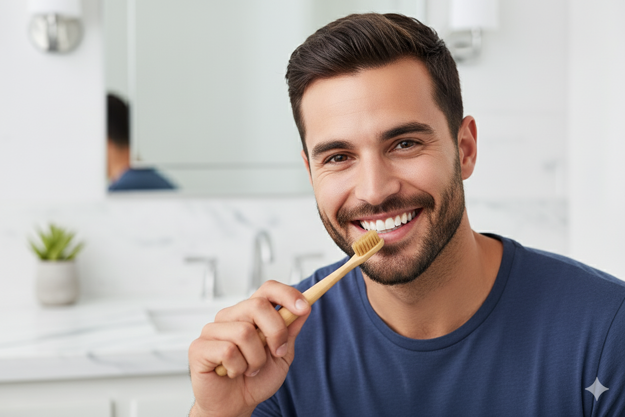 Holidentix Manual Toothbrush, Bamboo Handle, Boar Bristles, Biodegradable, Plastic-FreeBamboo Self Standing Toothbrushes.
