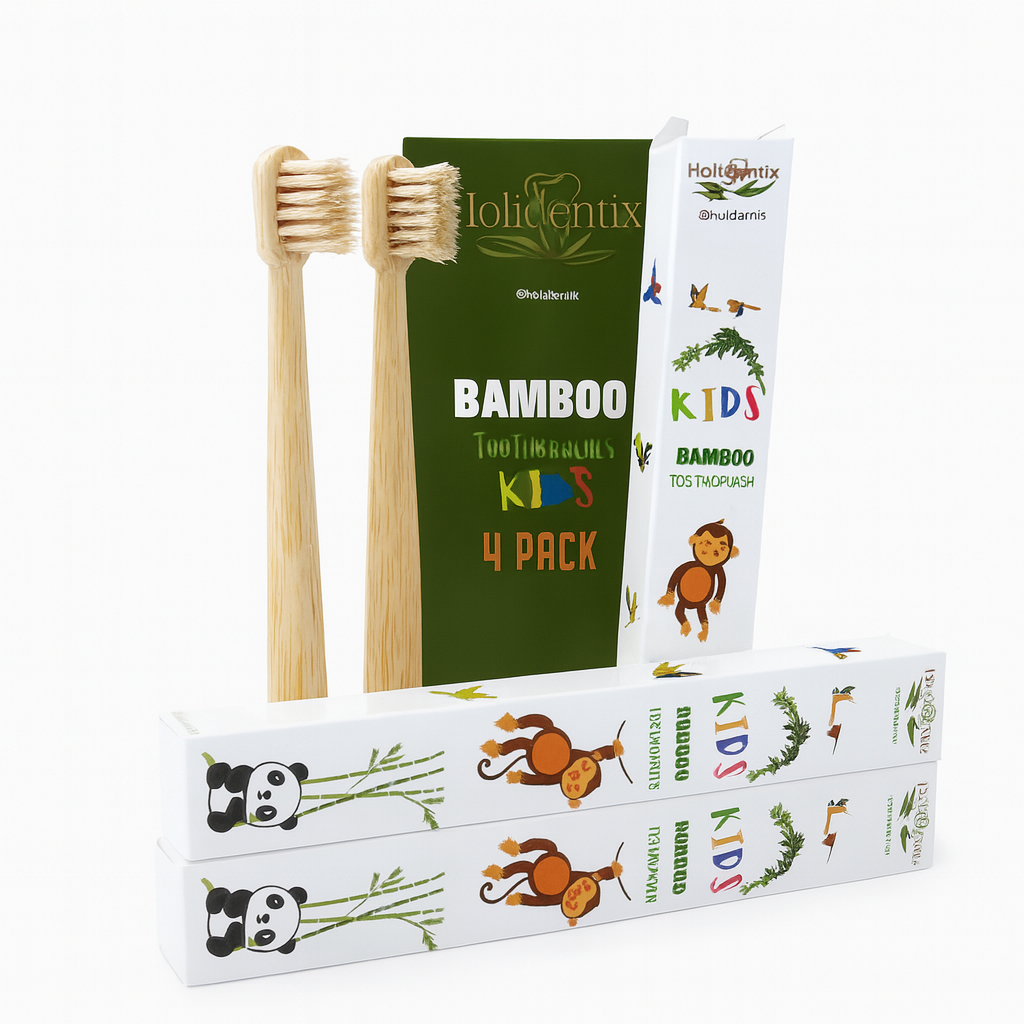Holidentix Manual Toothbrush for Kids, Bamboo Handle, Boar Bristles, Biodegradable, Plastic-FreeBamboo Self Standing Toothbrushes.