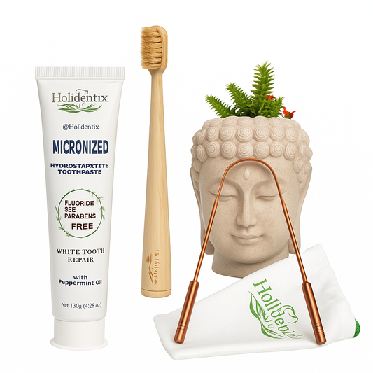 Holidentix Manual Bamboo Toothbrush with Natural Boar Bristles, Micronized Hydroxyapatite Toothpaste, Premium Copper Tongue Scraper, 3 Piece Oral Care Set