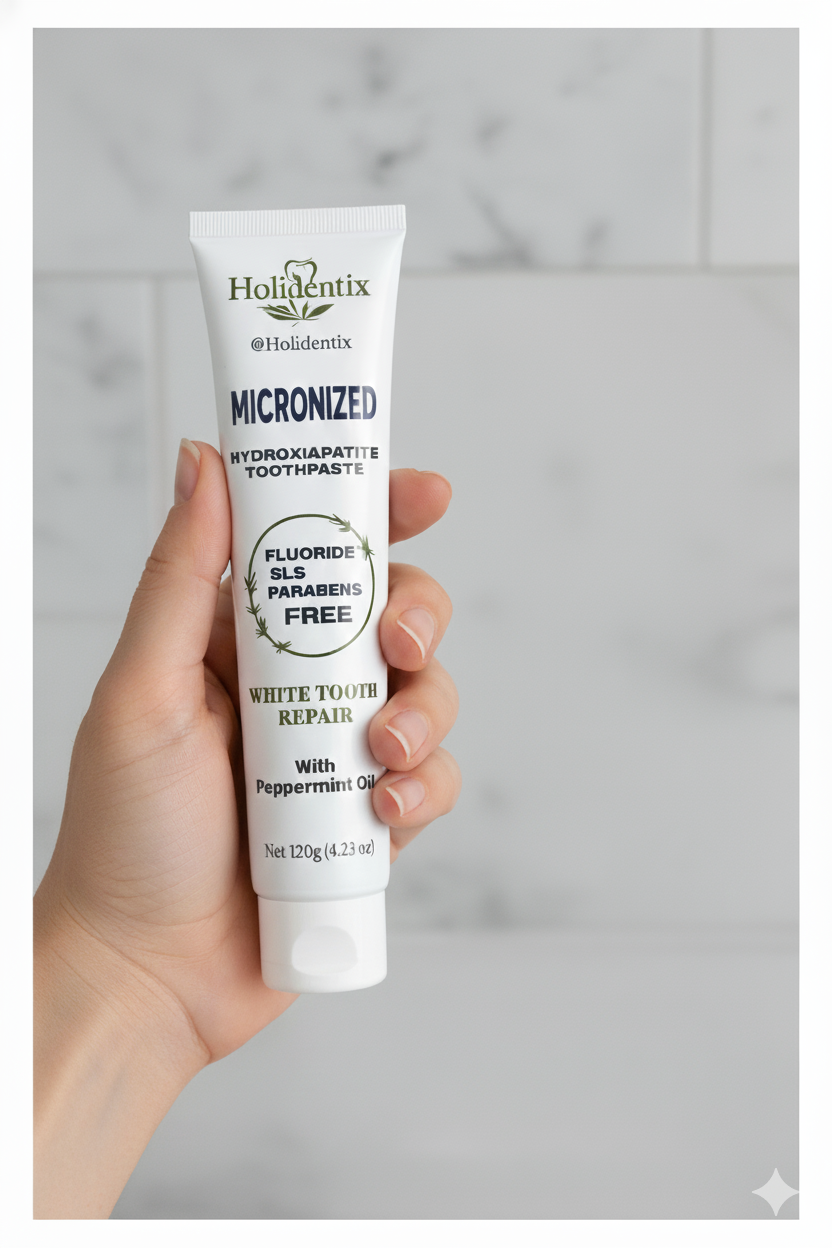 Holidentix Manual Bamboo Toothbrush with Natural Boar Bristles, Micronized Hydroxyapatite Toothpaste, Premium Copper Tongue Scraper, 3 Piece Oral Care Set