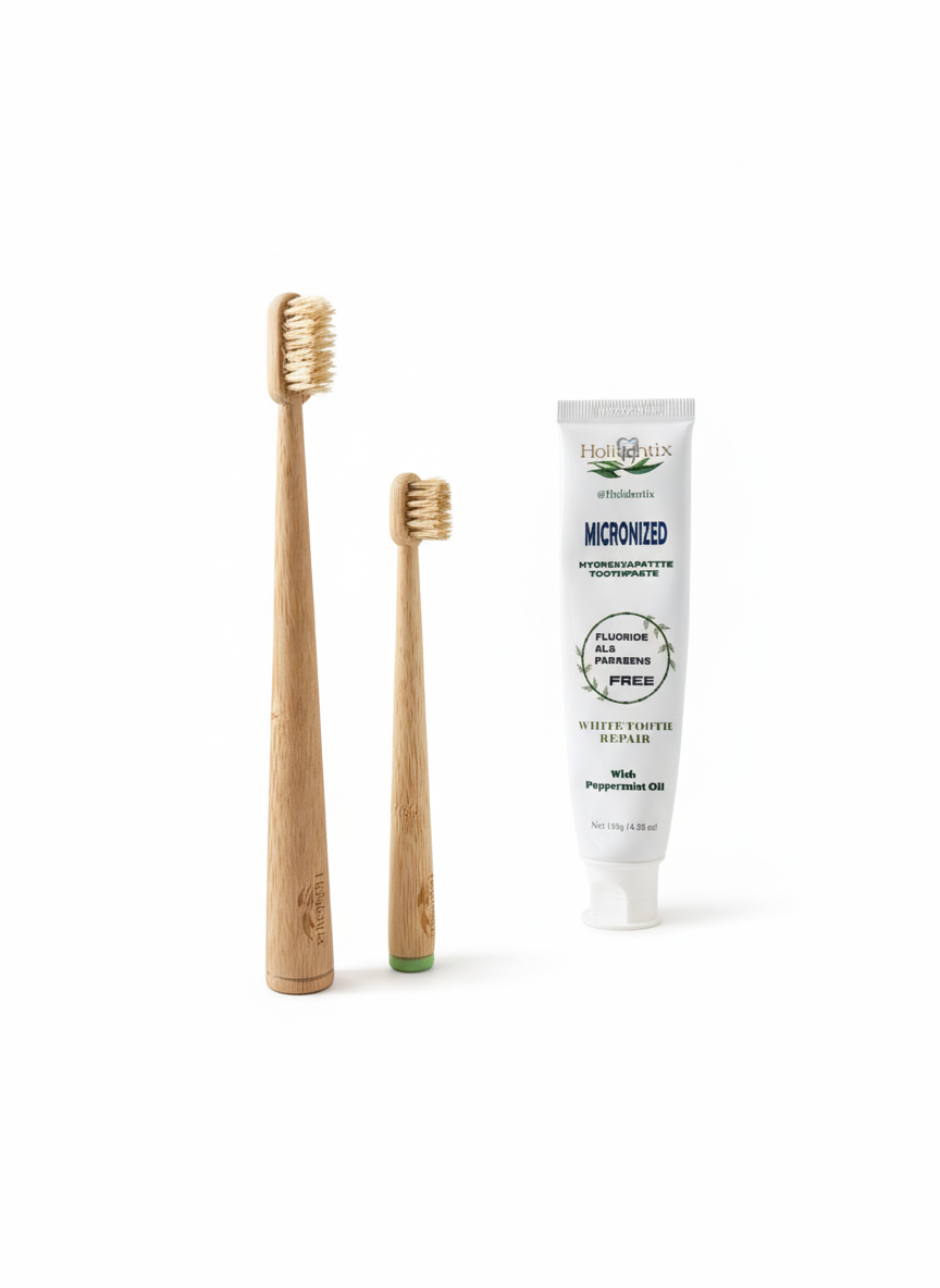 Holidentix Manual Toothbrush for Kids, Bamboo Handle, Boar Bristles, Biodegradable, Plastic-FreeBamboo Self Standing Toothbrushes.