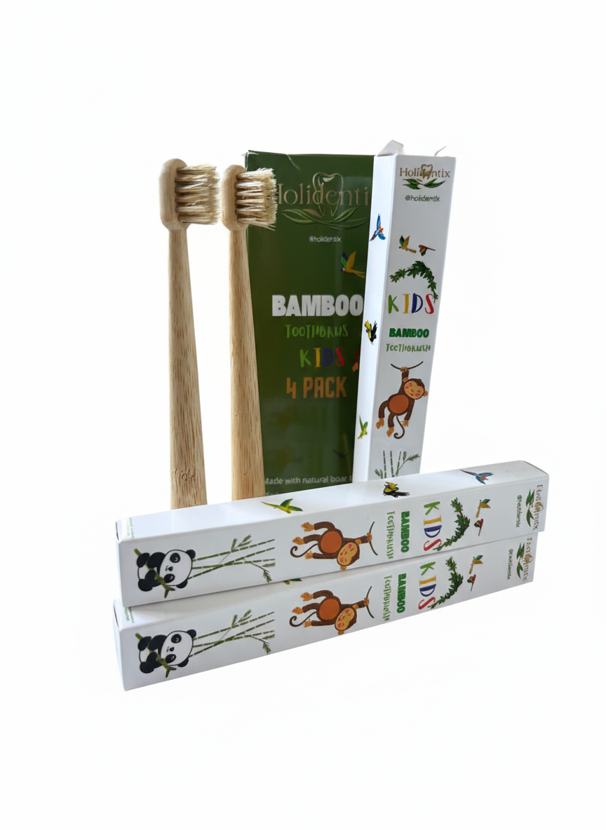 Holidentix Manual Toothbrush for Kids, Bamboo Handle, Boar Bristles, Biodegradable, Plastic-FreeBamboo Self Standing Toothbrushes.