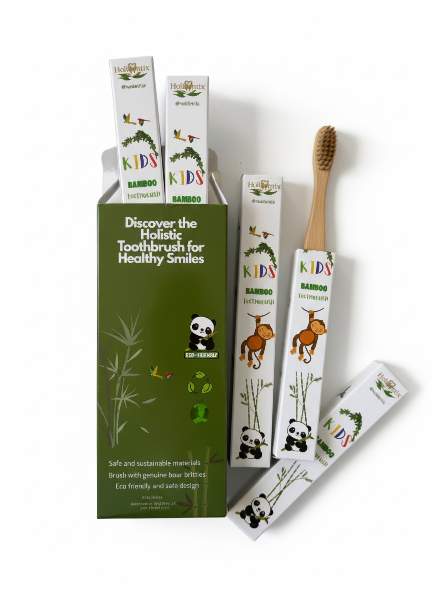 Holidentix Manual Toothbrush for Kids, Bamboo Handle, Boar Bristles, Biodegradable, Plastic-FreeBamboo Self Standing Toothbrushes.