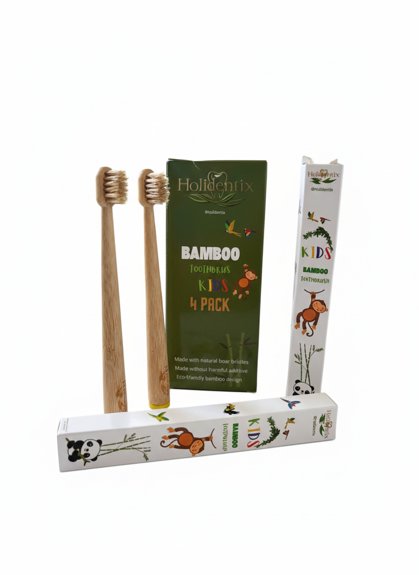 Holidentix Manual Toothbrush for Kids, Bamboo Handle, Boar Bristles, Biodegradable, Plastic-FreeBamboo Self Standing Toothbrushes.