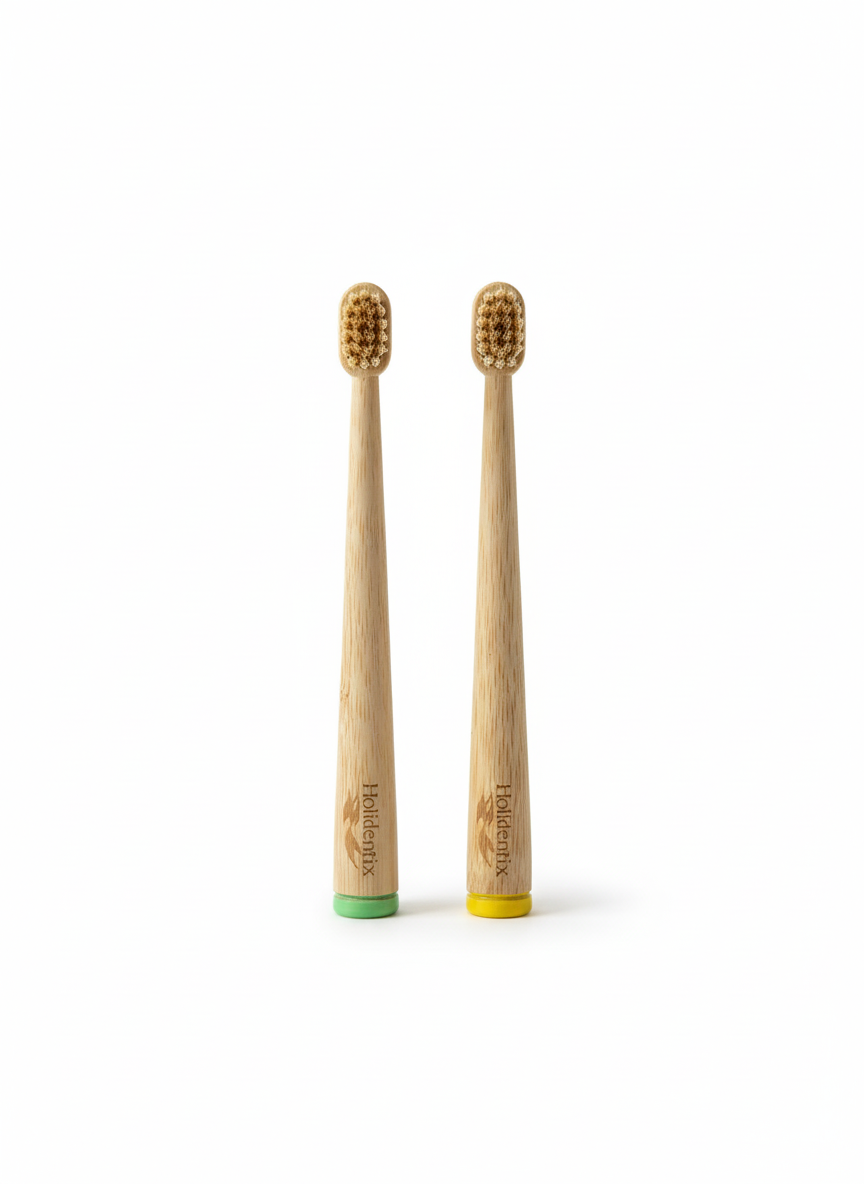 Holidentix Manual Toothbrush for Kids, Bamboo Handle, Boar Bristles, Biodegradable, Plastic-FreeBamboo Self Standing Toothbrushes.