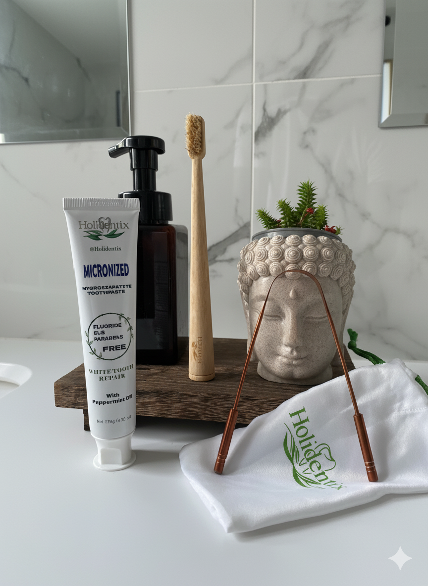 Holidentix Manual Bamboo Toothbrush with Natural Boar Bristles, Micronized Hydroxyapatite Toothpaste, Premium Copper Tongue Scraper, 3 Piece Oral Care Set