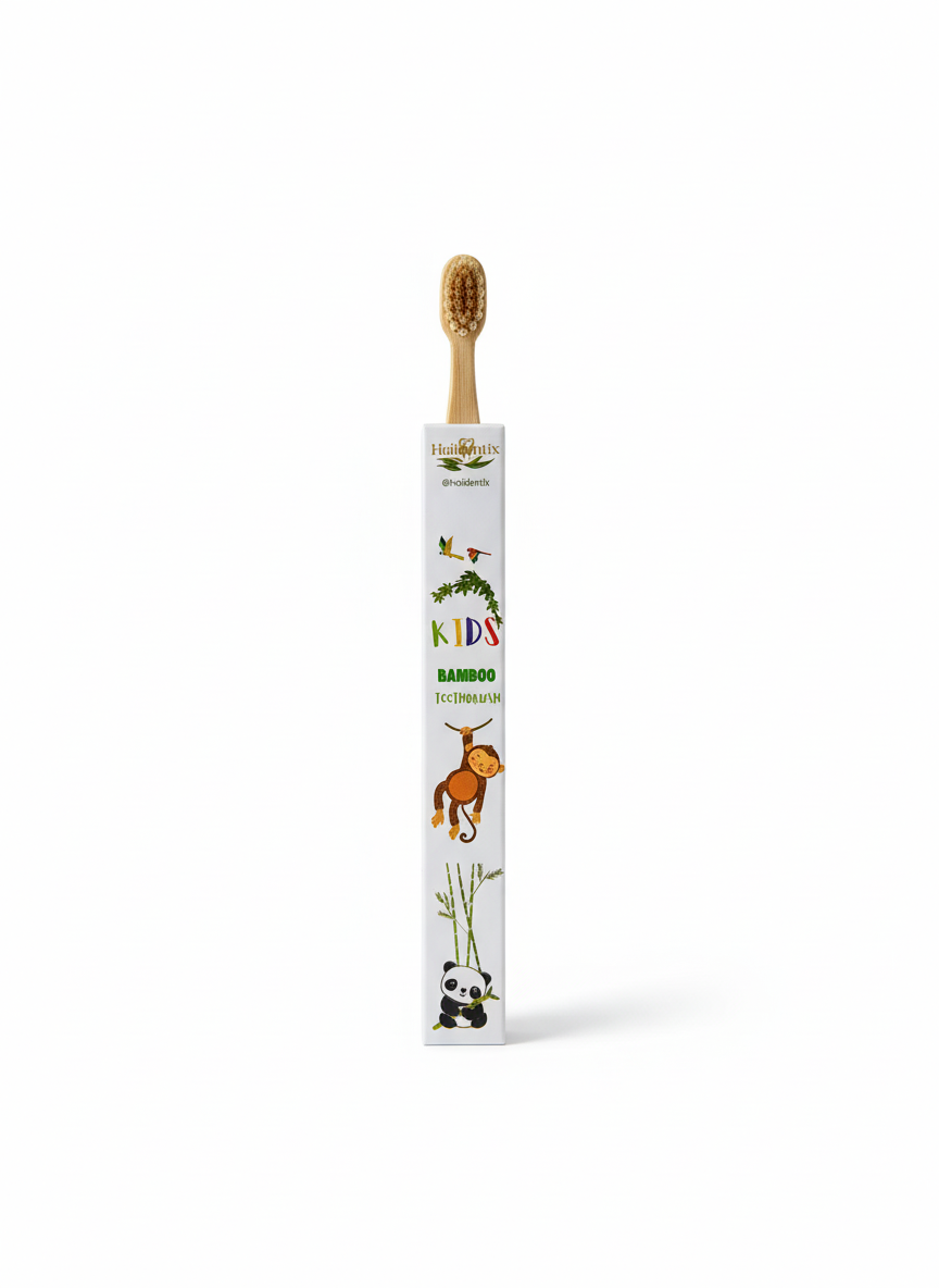 Holidentix Manual Toothbrush for Kids, Bamboo Handle, Boar Bristles, Biodegradable, Plastic-FreeBamboo Self Standing Toothbrushes.