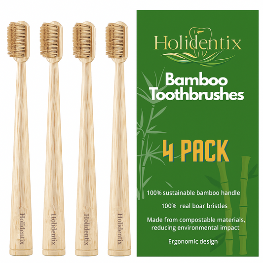 Holidentix Manual Toothbrush, Bamboo Handle, Boar Bristles, Biodegradable, Plastic-FreeBamboo Self Standing Toothbrushes.